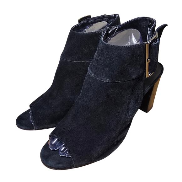 Vaneli Black Peep Toe Block Heel Suede Leather Buckle Ankle Booties Sz 9.5 - Picture 1 of 8
